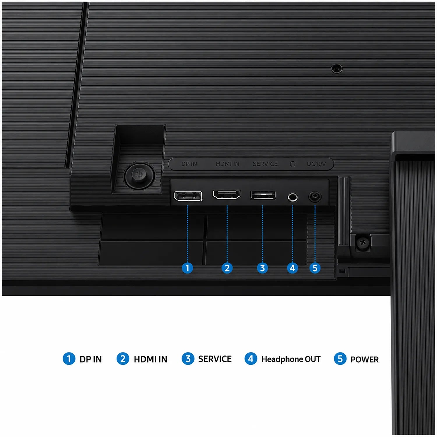 Samsung LS27H700EAWXXL monitor rear ports showing DisplayPort, HDMI, service port, headphone output and power connection -tpstech.in