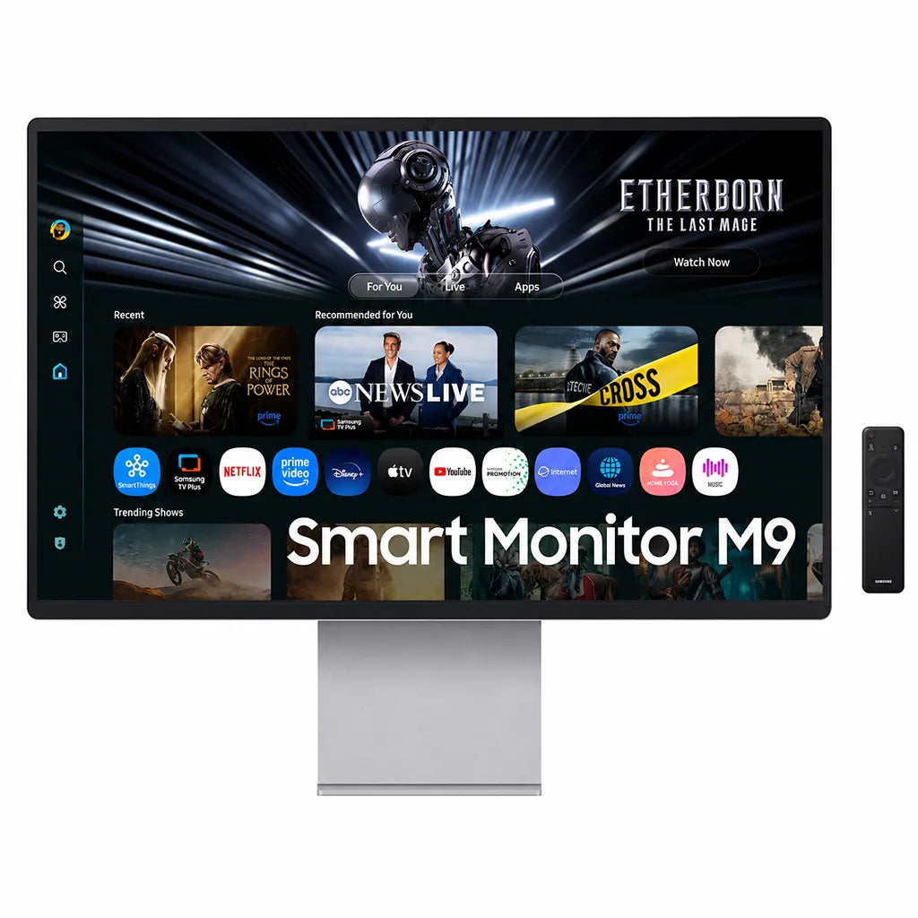 Samsung M9 LS32FM900SWXXL 32-inch Smart Monitor front view with remote controller and Tizen interface -tpstech.in