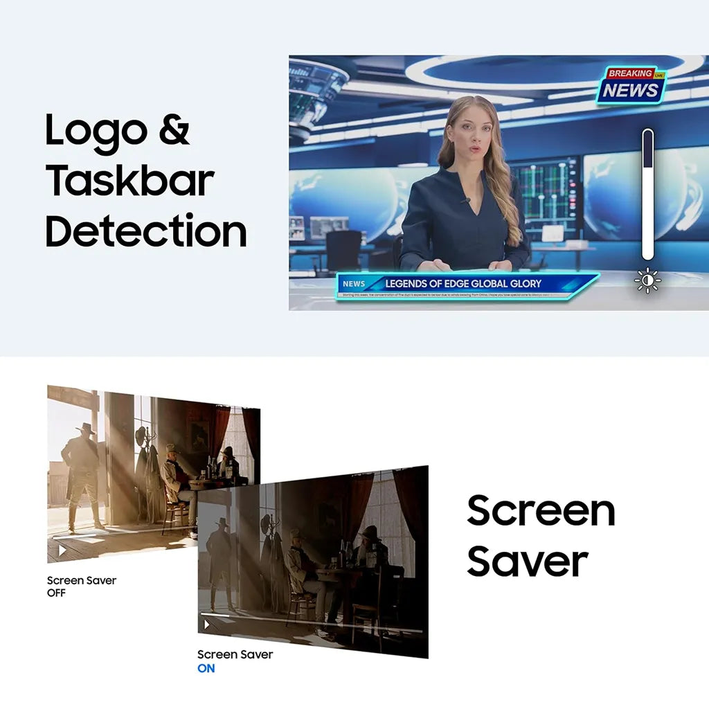 Samsung M9 LS32FM900SWXXL OLED Smart Monitor showing Logo and Taskbar Detection and Screen Saver features -tpstech.in