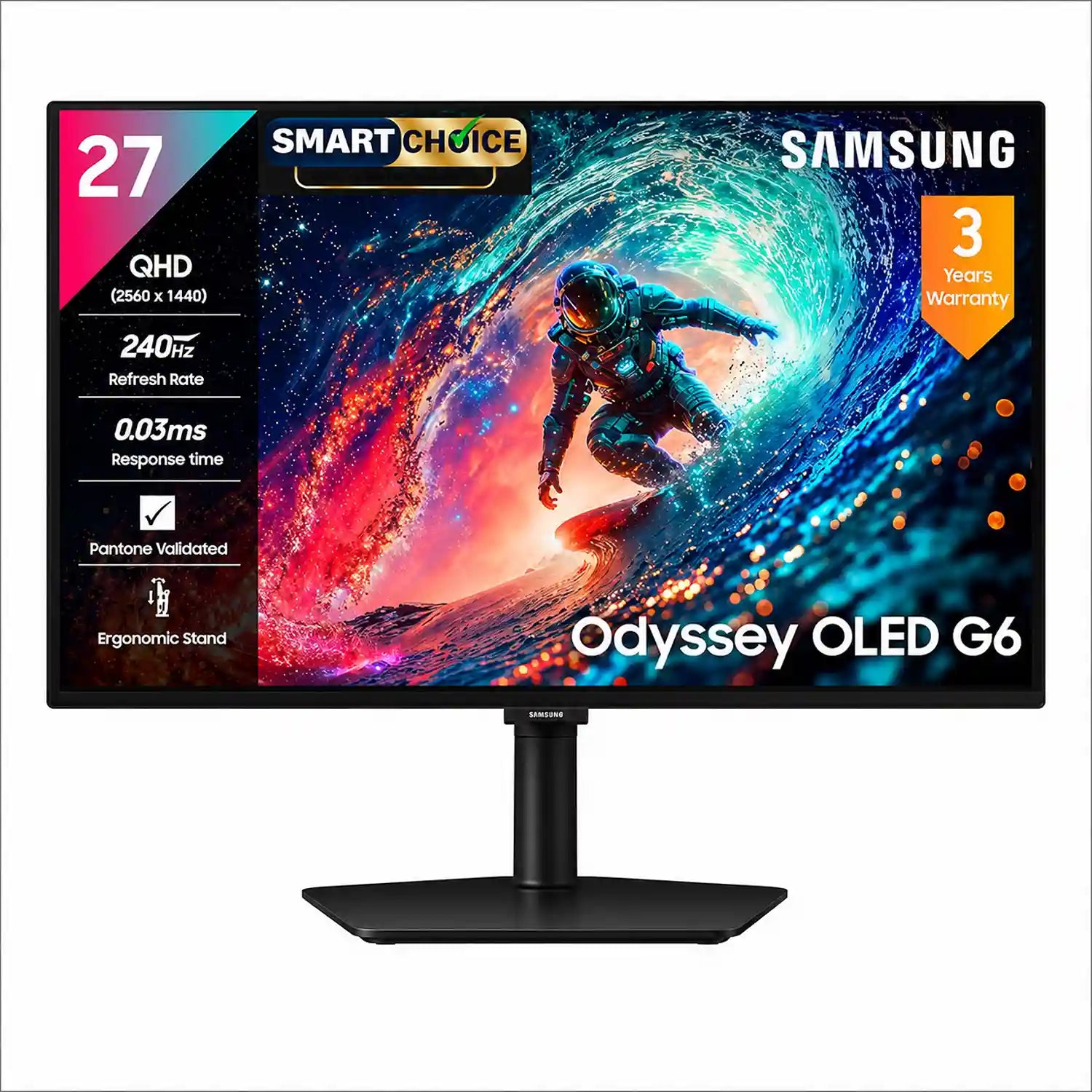 Samsung Odyssey G6 27 inch QHD 240Hz OLED gaming monitor featuring 0.03ms response time, Pantone Validated display and ergonomic stand -tpstech.in