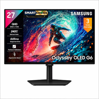 Samsung Odyssey G6 27 inch QHD 240Hz OLED gaming monitor featuring 0.03ms response time, Pantone Validated display and ergonomic stand -tpstech.in