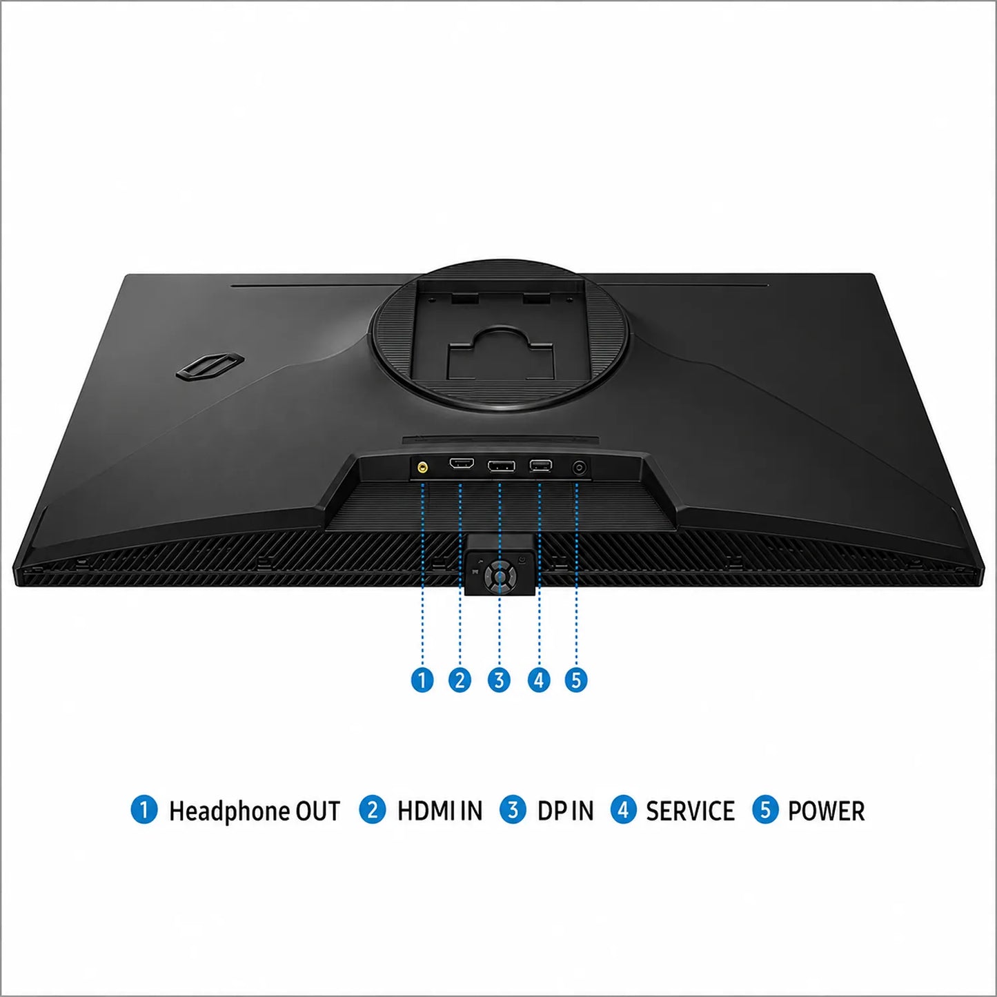 Samsung Odyssey G6 LS27HG612SWXXL monitor rear ports including HDMI, DisplayPort, headphone out, service and power -tpstech.in