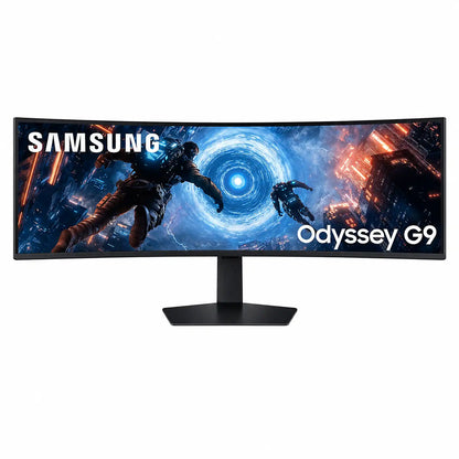 Samsung Odyssey G9 49 inch DQHD curved gaming monitor shown from the front with immersive widescreen display -tpstech.in