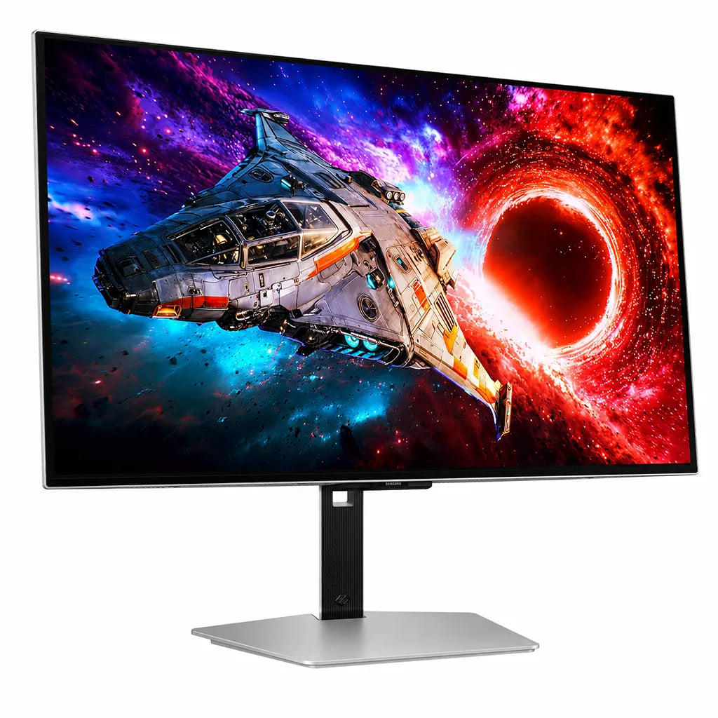 Samsung Odyssey OLED G8 LS32HG800SWXXL 4K OLED gaming monitor front right angle view with silver stand -tpstech.in