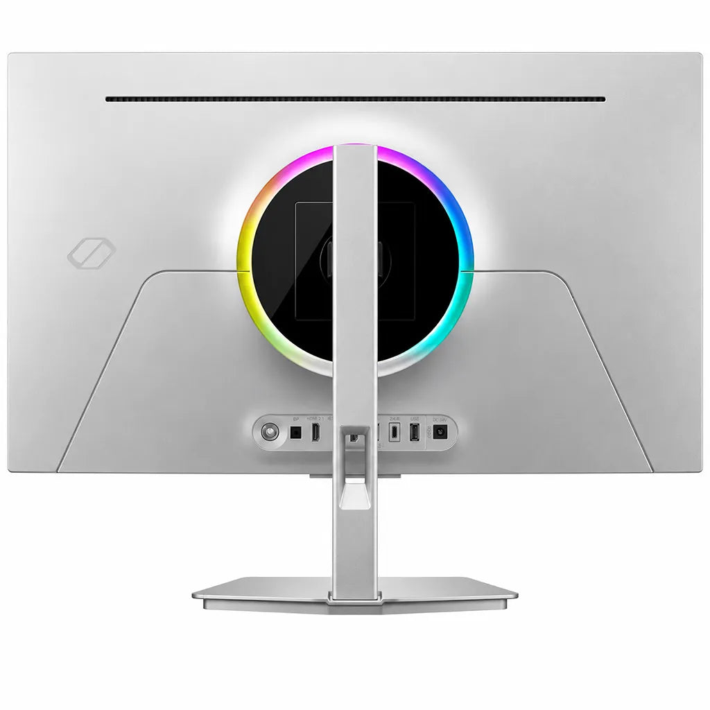 Samsung Odyssey OLED G8 LS32HG800SWXXL rear view showing RGB lighting, slim design and adjustable stand -tpstech.in