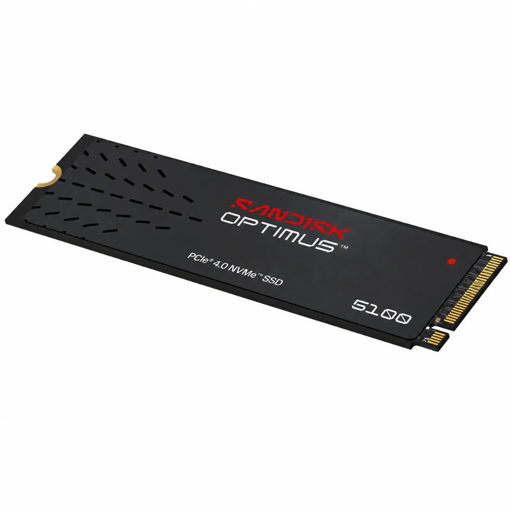 Front view of the SANDISK Optimus 5100 500GB M.2 2280 PCIe 4.0 NVMe Internal SSD for desktop and laptop upgrades.