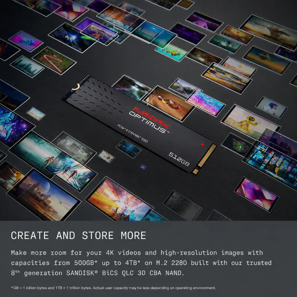 SANDISK Optimus 5100 500GB Internal NVMe SSD for storing 4K videos, high-resolution images, and creative projects.