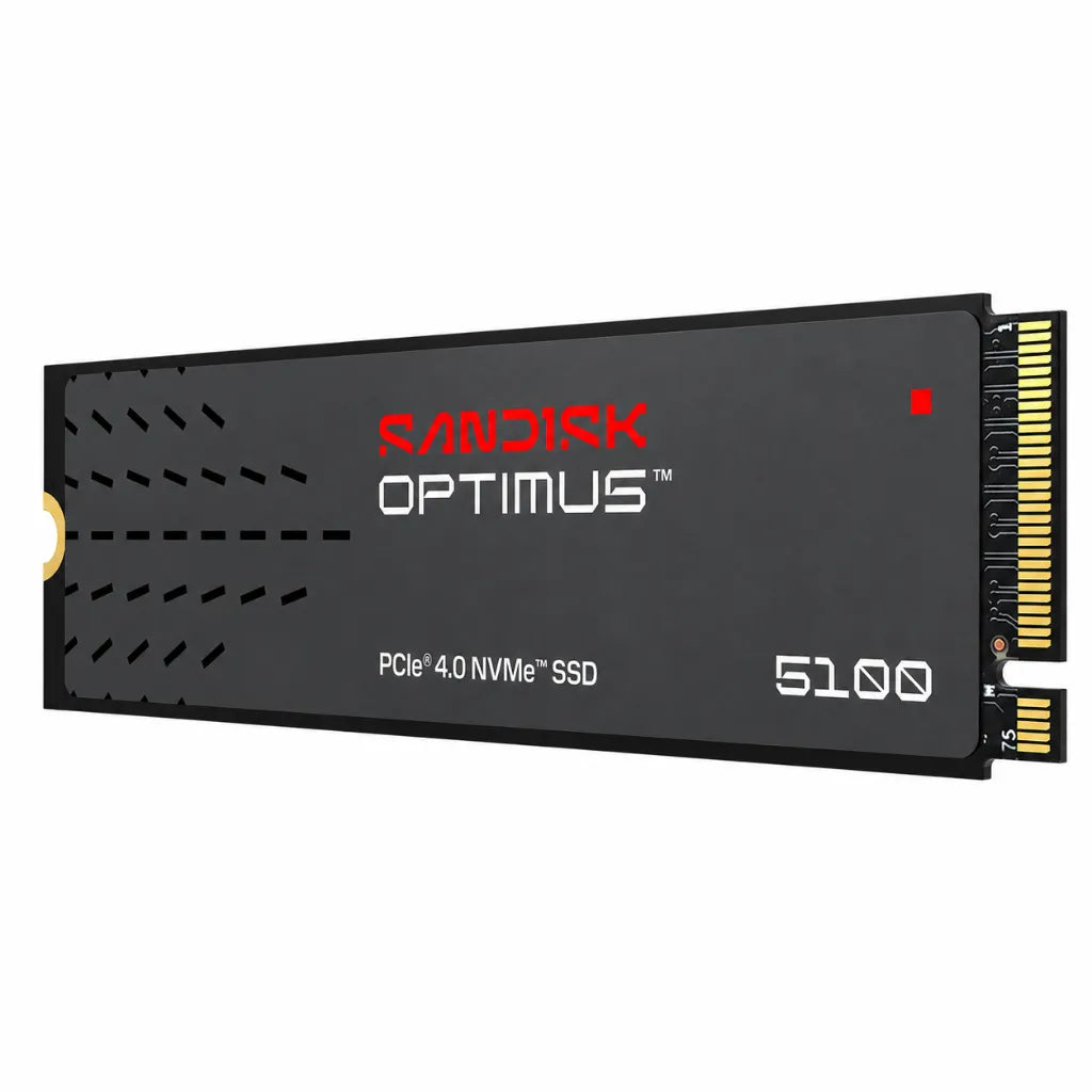 Angled view of the SANDISK Optimus 5100 500GB M.2 2280 PCIe 4.0 NVMe Internal SSD for high-speed desktop and laptop storage upgrades.