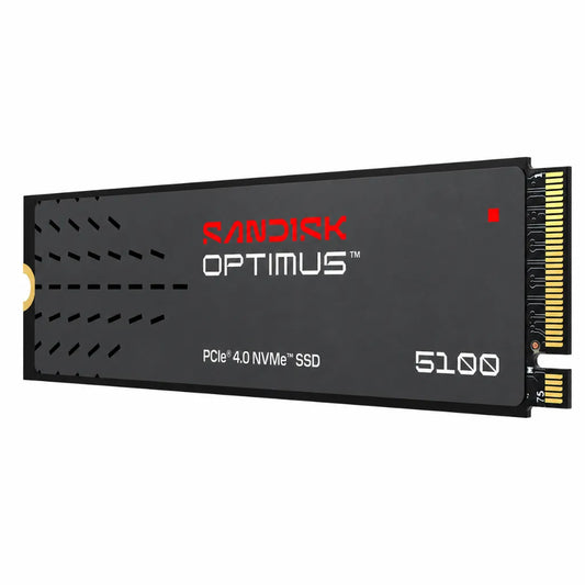 Angled view of the SANDISK Optimus 5100 500GB M.2 2280 PCIe 4.0 NVMe Internal SSD for high-speed desktop and laptop storage upgrades.