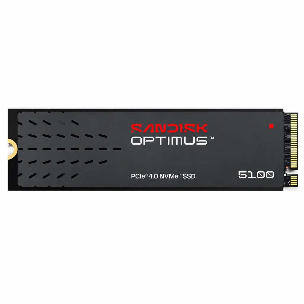 Front view of the SANDISK Optimus 5100 500GB PCIe 4.0 NVMe M.2 2280 Internal SSD for fast PC and laptop performance.