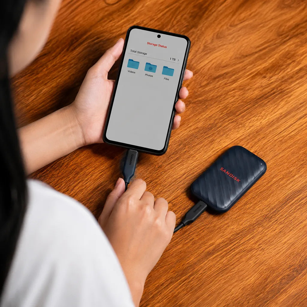 SanDisk SDSSDE10 1TB portable SSD connected to a smartphone for convenient external file storage and transfer -tpstech.in