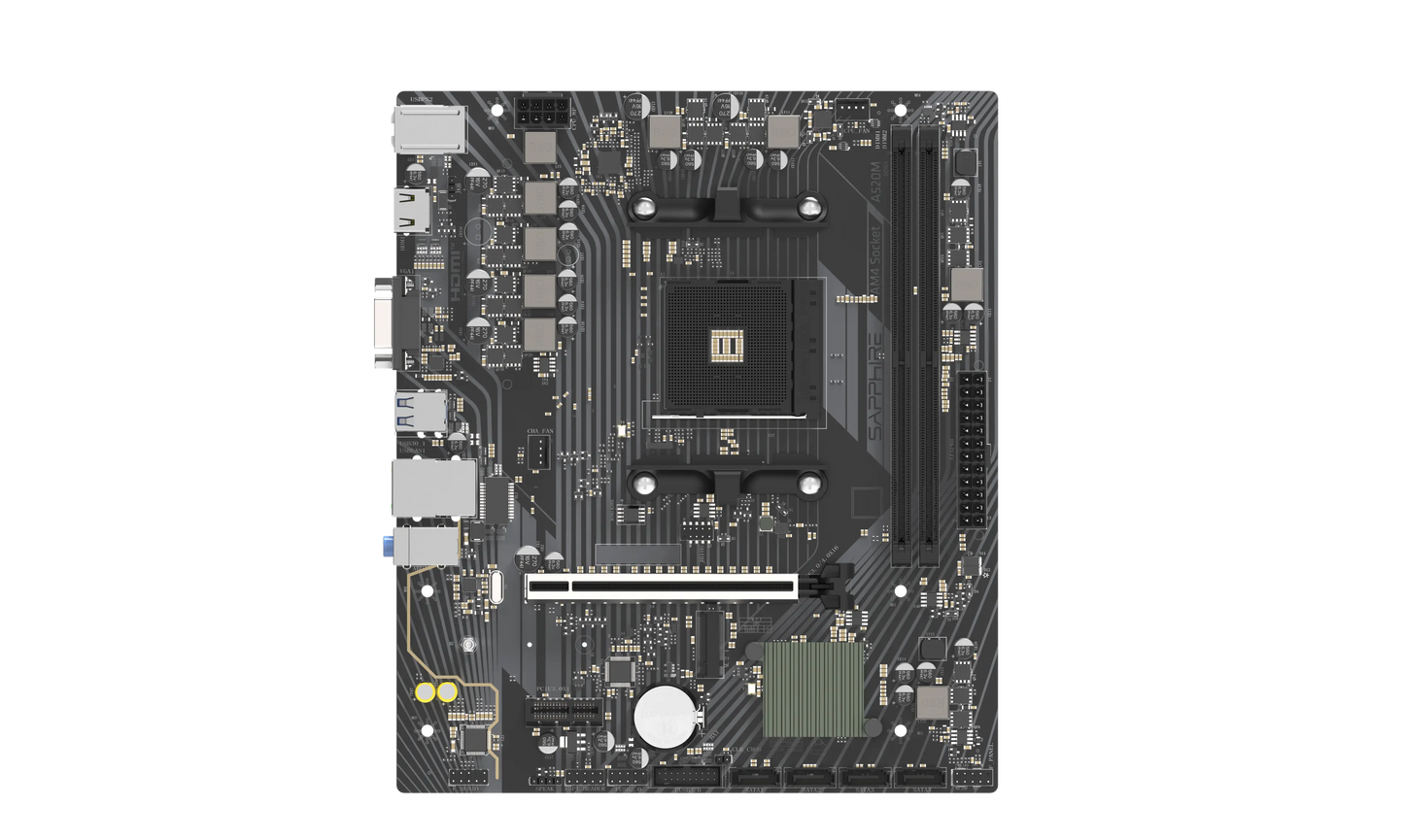 SAPPHIRE A520M-E motherboard layout featuring AM4 socket, PCIe x16 slot and SATA ports