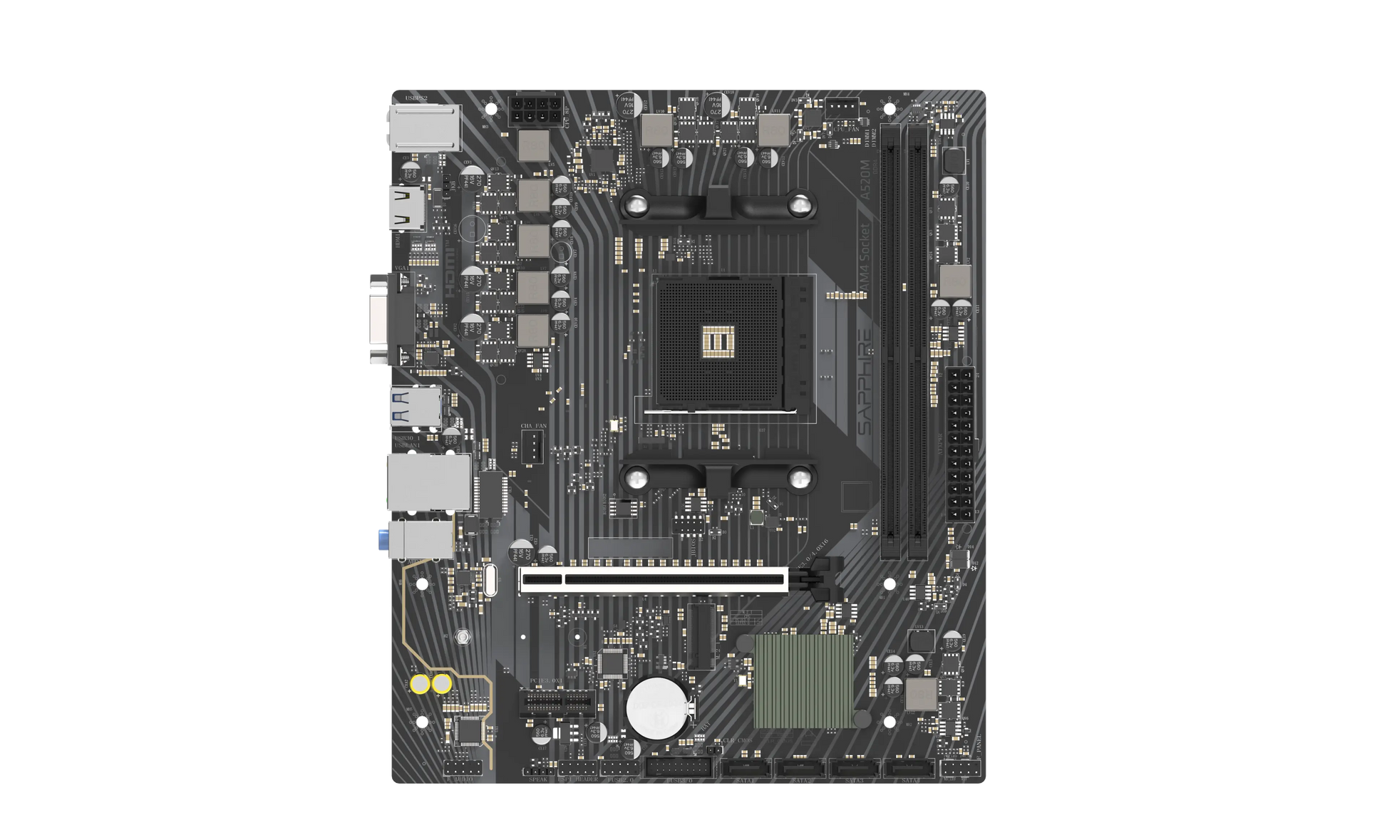 SAPPHIRE A520M-E motherboard layout featuring AM4 socket, PCIe x16 slot and SATA ports