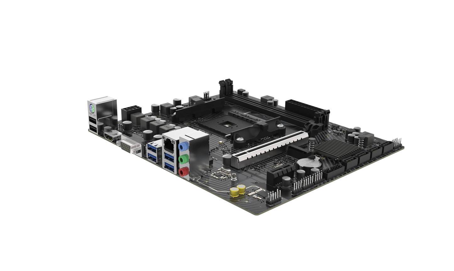 Angled view of SAPPHIRE A520M-E AM4 motherboard with PCIe and DDR4 memory slots