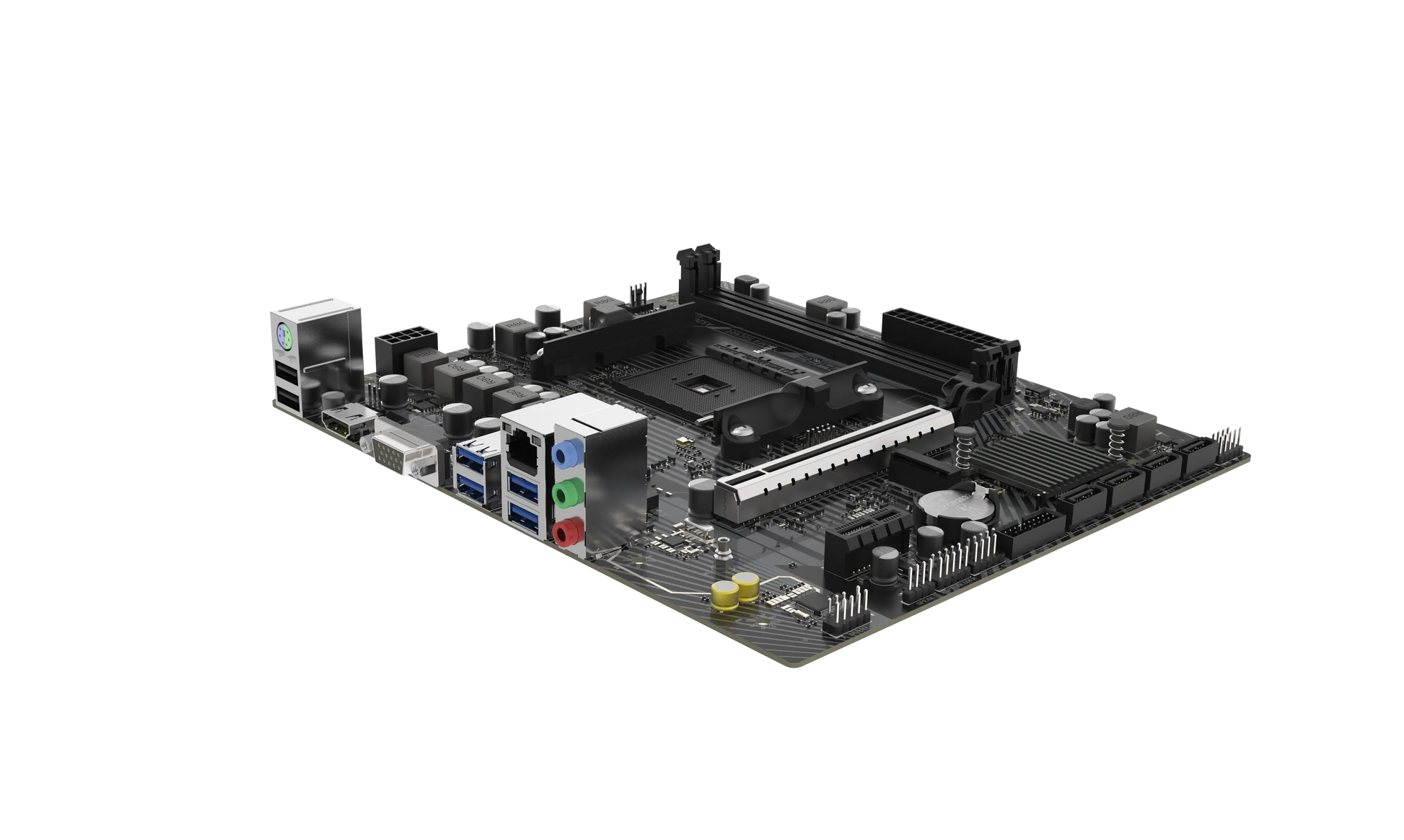 Angled view of SAPPHIRE A520M-E AM4 motherboard with PCIe and DDR4 memory slots