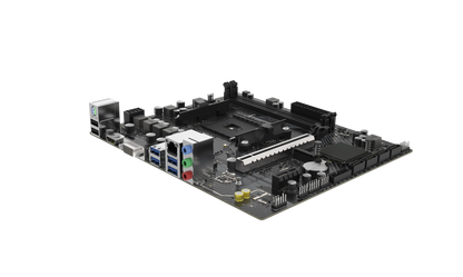 Angled view of SAPPHIRE A520M-E AM4 motherboard with PCIe and DDR4 memory slots