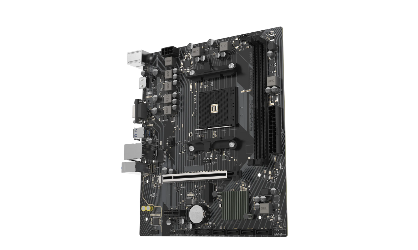 Top view of SAPPHIRE A520M-E AMD A520 motherboard for Ryzen desktop processors