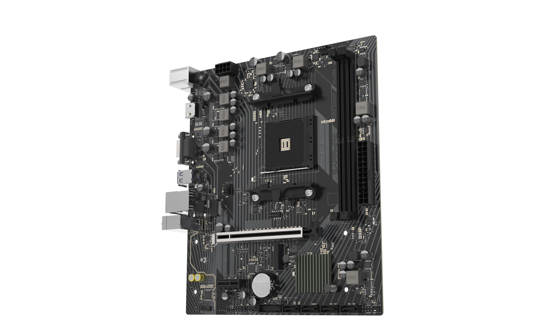 Top view of SAPPHIRE A520M-E AMD A520 motherboard for Ryzen desktop processors