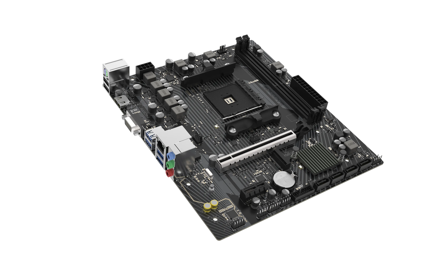 SAPPHIRE A520M-E DDR4 Micro-ATX motherboard front angle showing AM4 socket and expansion slots