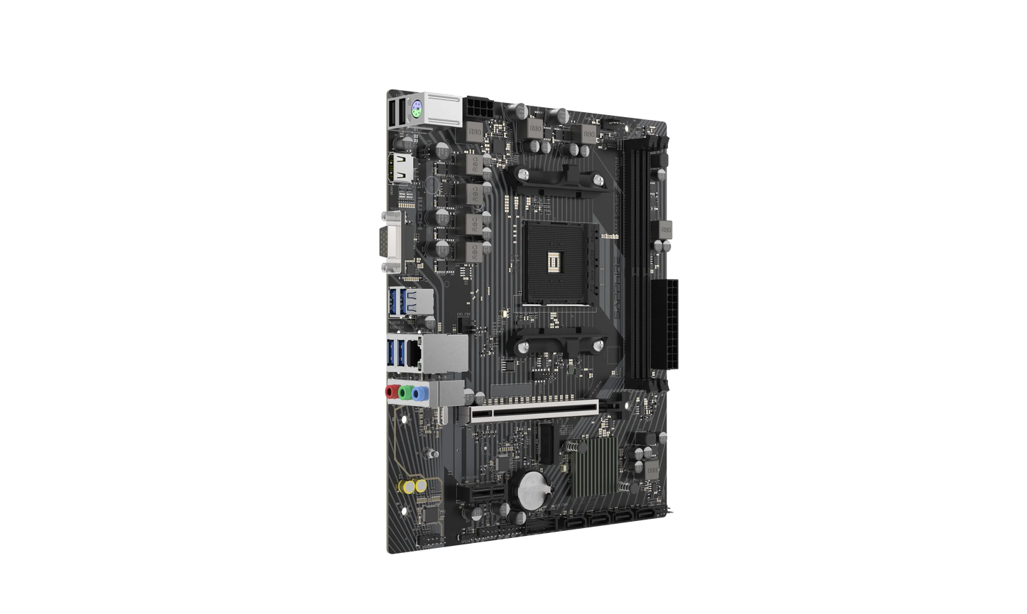 Perspective view of SAPPHIRE A520M-E Micro-ATX motherboard with dual DDR4 DIMM slots