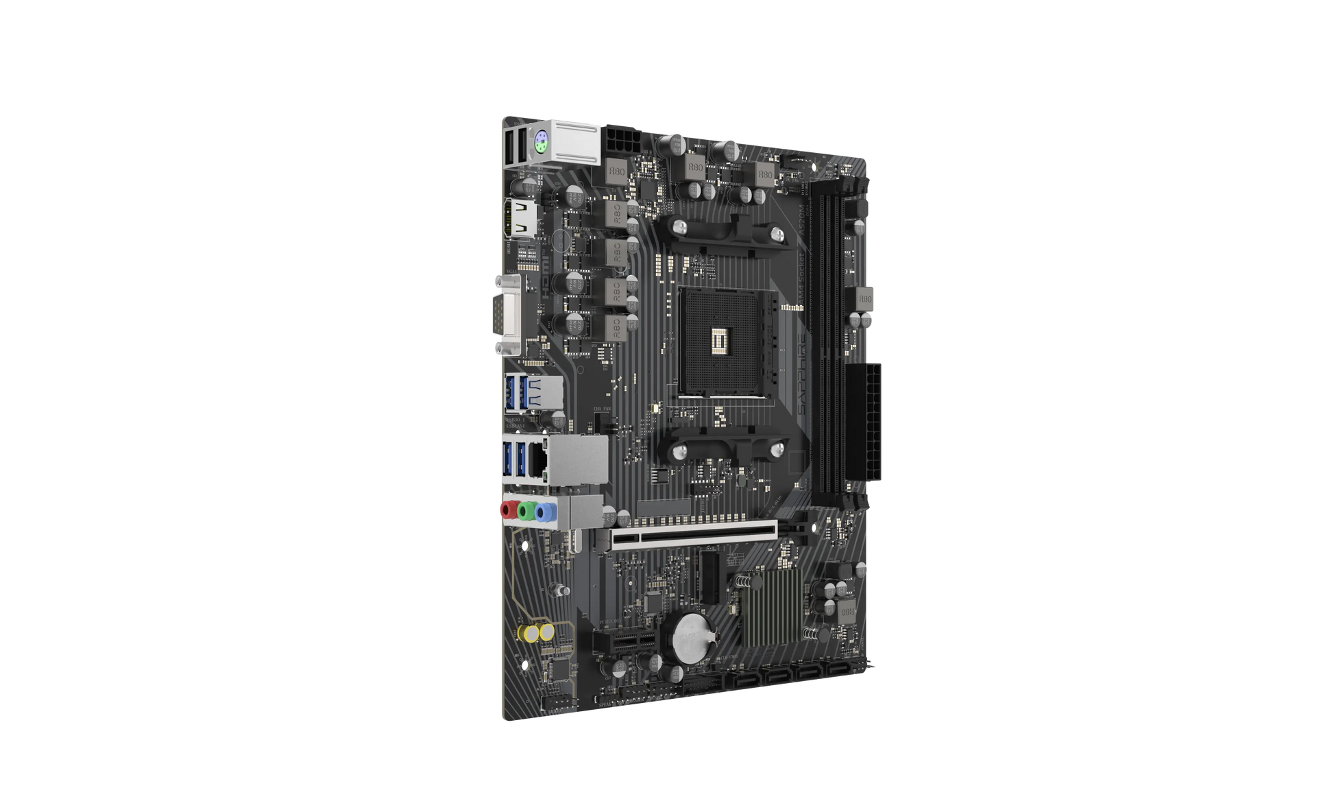 Perspective view of SAPPHIRE A520M-E Micro-ATX motherboard with dual DDR4 DIMM slots