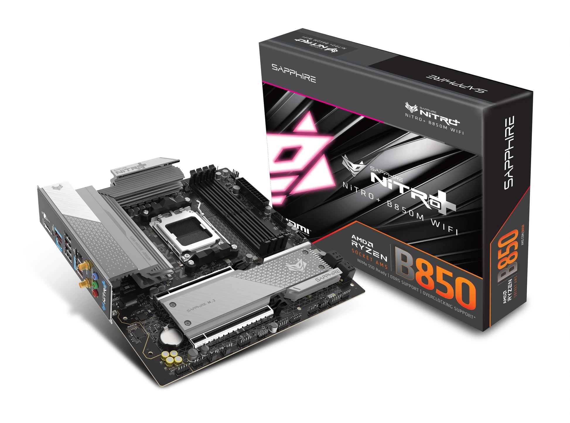 SAPPHIRE NITRO+ B850M WIFI AMD B850 Micro-ATX motherboard with retail packaging for AM5 Ryzen processors