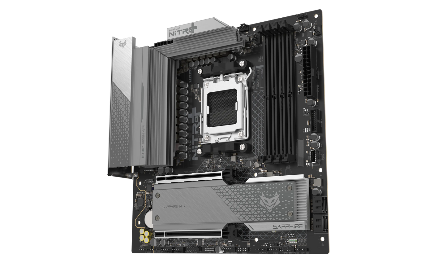 Angled view of SAPPHIRE NITRO+ B850M WIFI motherboard with PCIe 5.0 and DDR5 support
