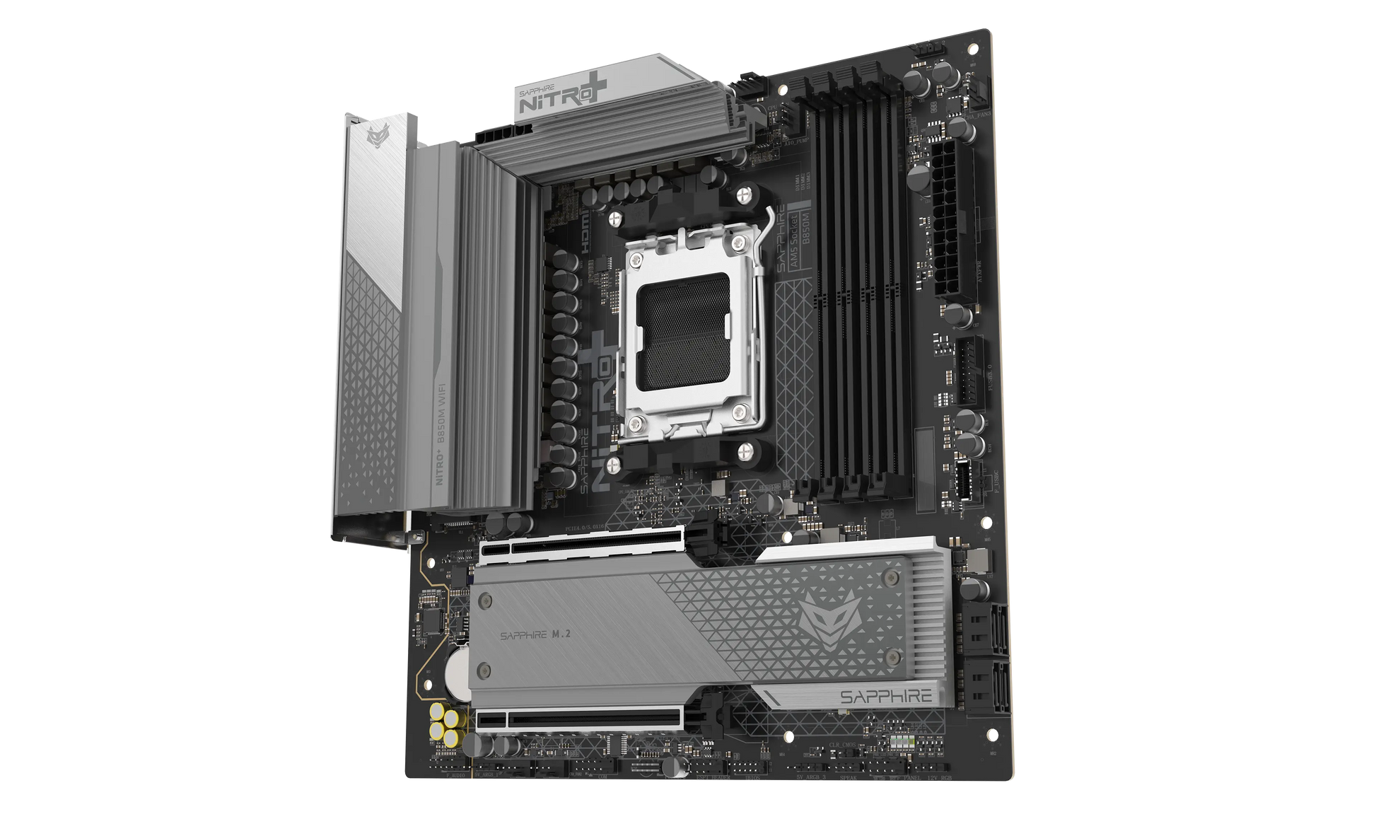 Angled view of SAPPHIRE NITRO+ B850M WIFI motherboard with PCIe 5.0 and DDR5 support
