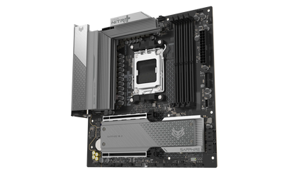 Angled view of SAPPHIRE NITRO+ B850M WIFI motherboard with PCIe 5.0 and DDR5 support