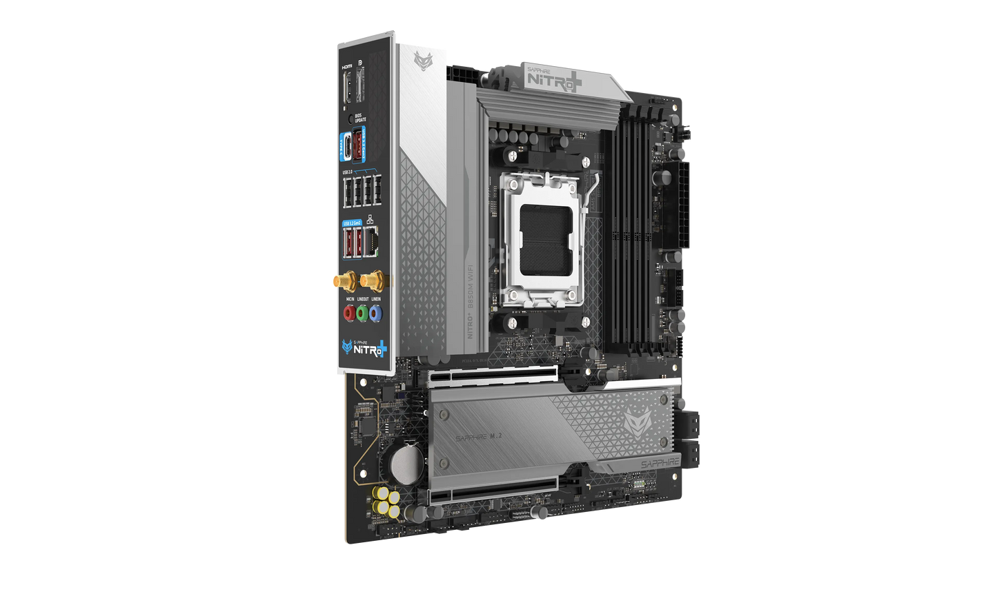 Front view of SAPPHIRE NITRO+ B850M WIFI AMD B850 motherboard for Ryzen AM5 processors