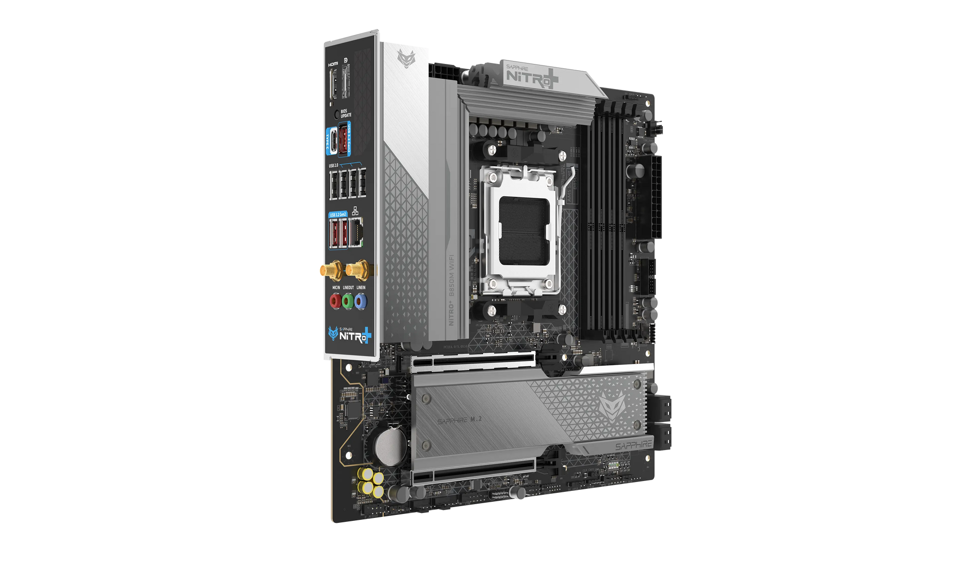 Front view of SAPPHIRE NITRO+ B850M WIFI AMD B850 motherboard for Ryzen AM5 processors