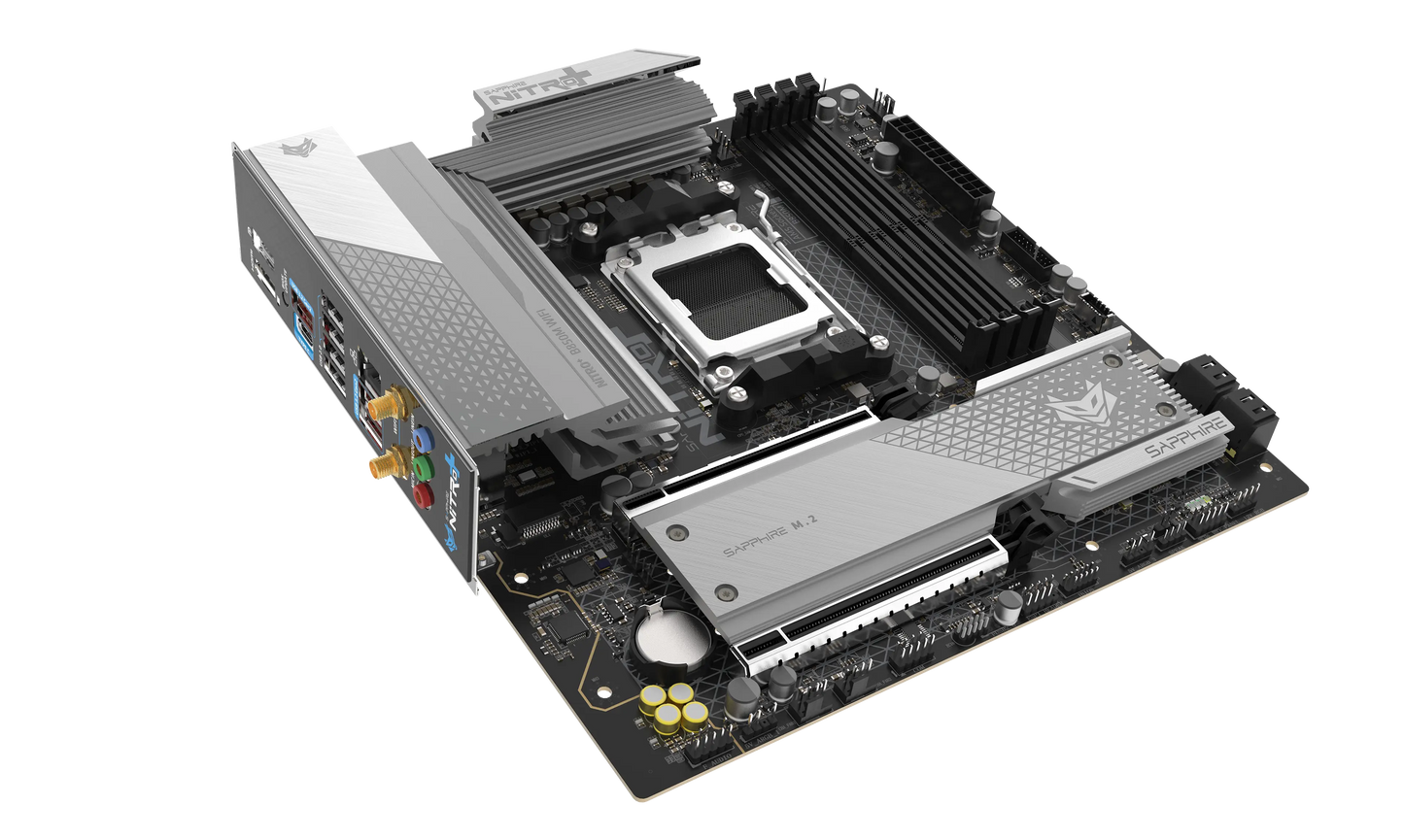 SAPPHIRE NITRO+ B850M WIFI motherboard highlighting PCIe 5.0 slot and M.2 heatsink design