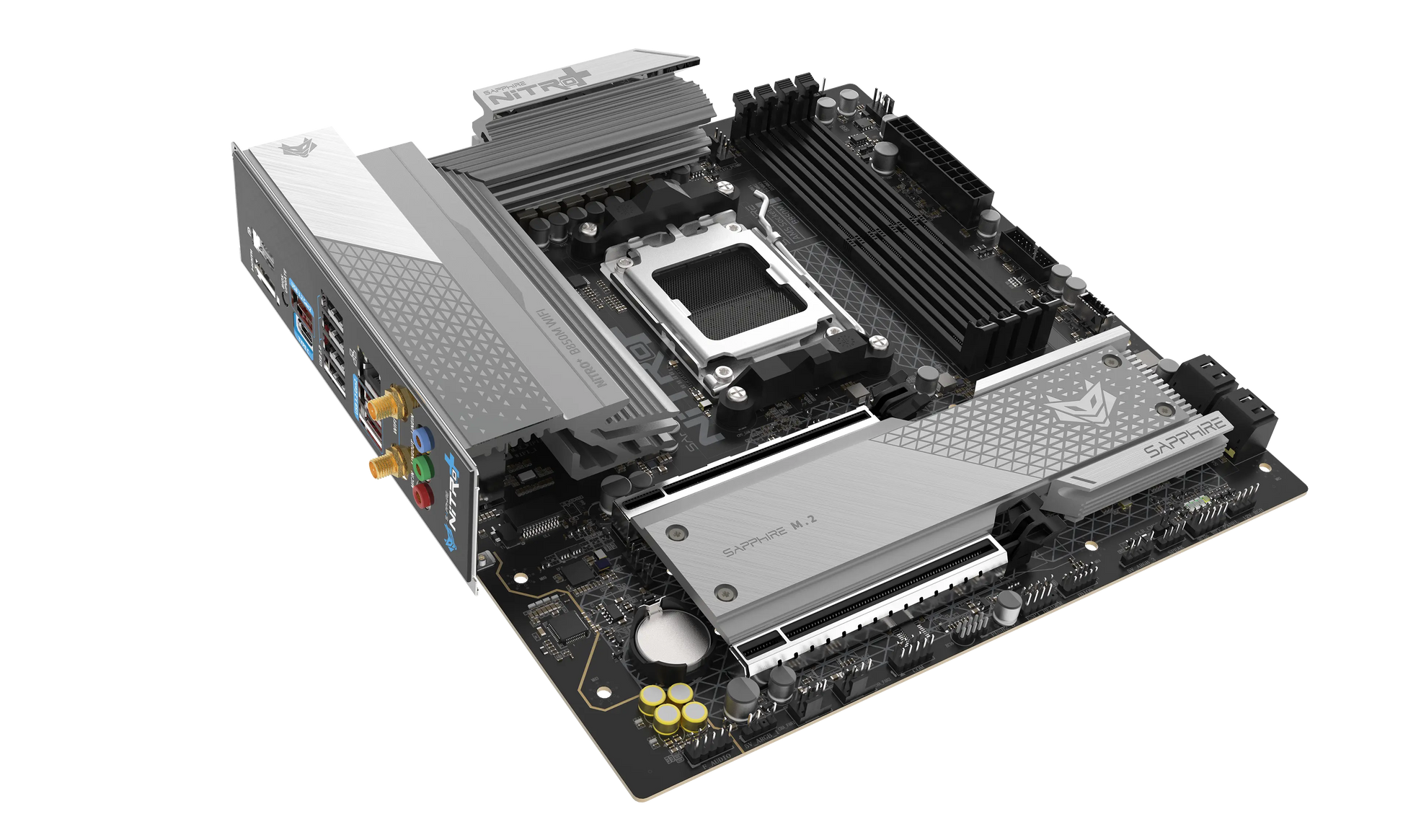 SAPPHIRE NITRO+ B850M WIFI motherboard highlighting PCIe 5.0 slot and M.2 heatsink design