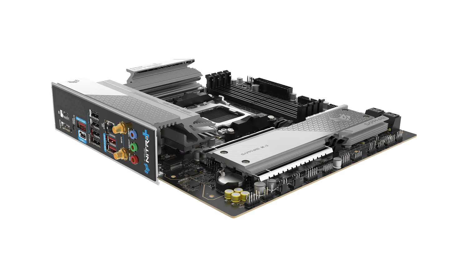 SAPPHIRE NITRO+ B850M WIFI motherboard showing rear I/O ports and WiFi connectivity