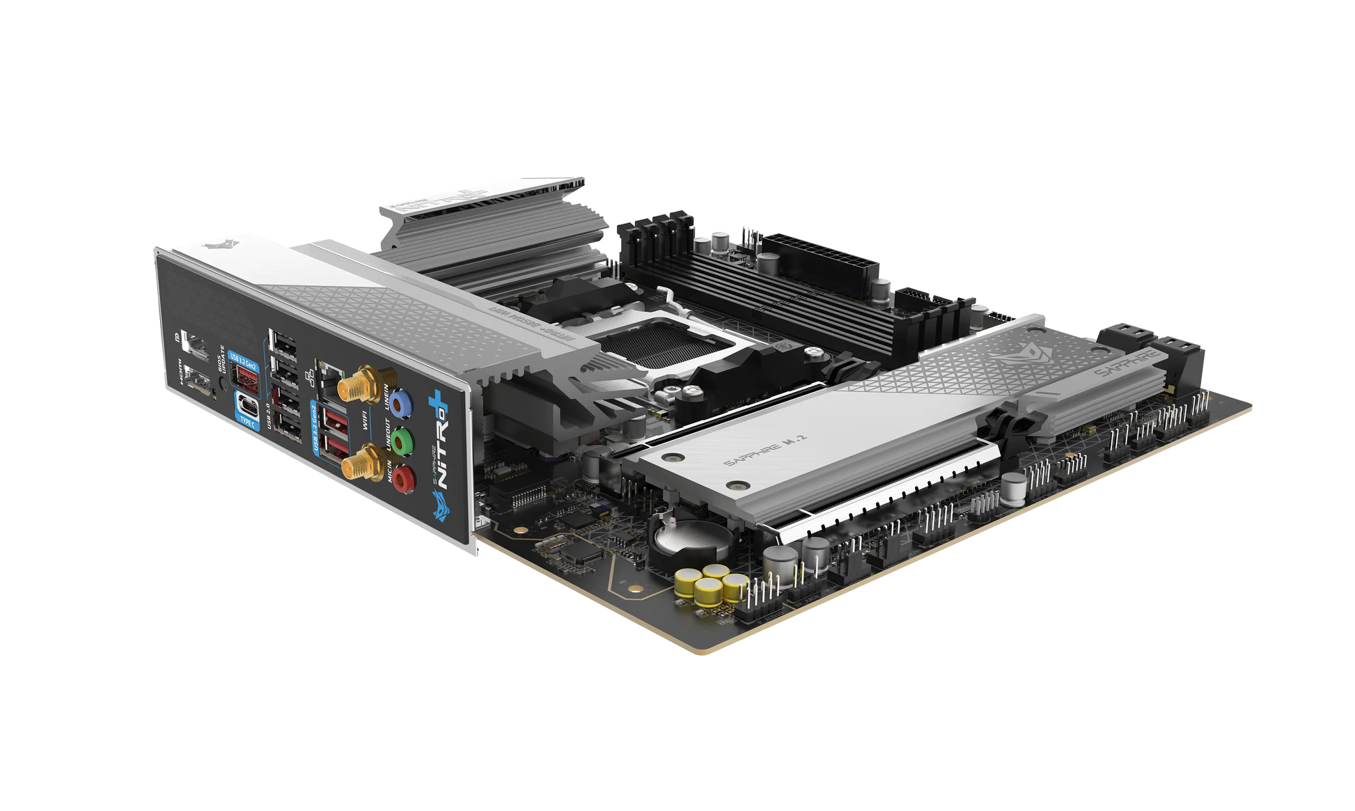 SAPPHIRE NITRO+ B850M WIFI motherboard showing rear I/O ports and WiFi connectivity