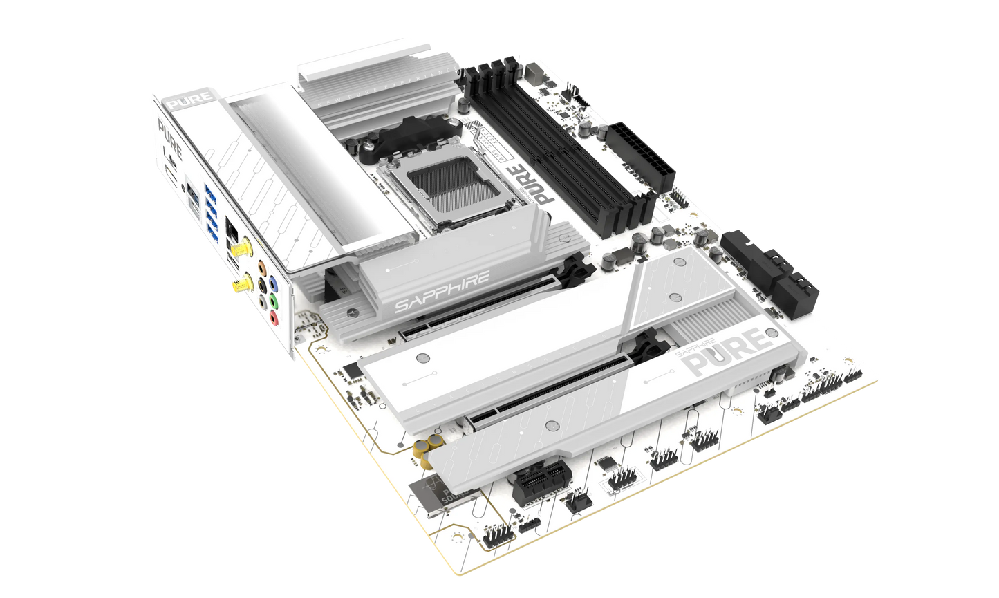 Angled view of SAPPHIRE PURE X870A WIFI 7 AMD X870 ATX motherboard with PCIe 5.0 and DDR5 support