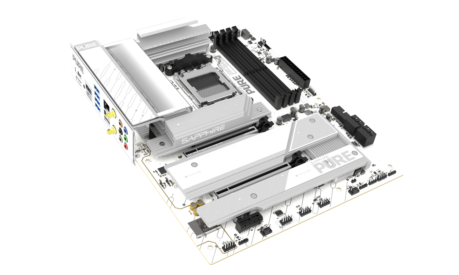 Angled view of SAPPHIRE PURE X870A WIFI 7 AMD X870 ATX motherboard with PCIe 5.0 and DDR5 support
