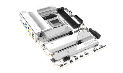 Angled view of SAPPHIRE PURE X870A WIFI 7 AMD X870 ATX motherboard with PCIe 5.0 and DDR5 support