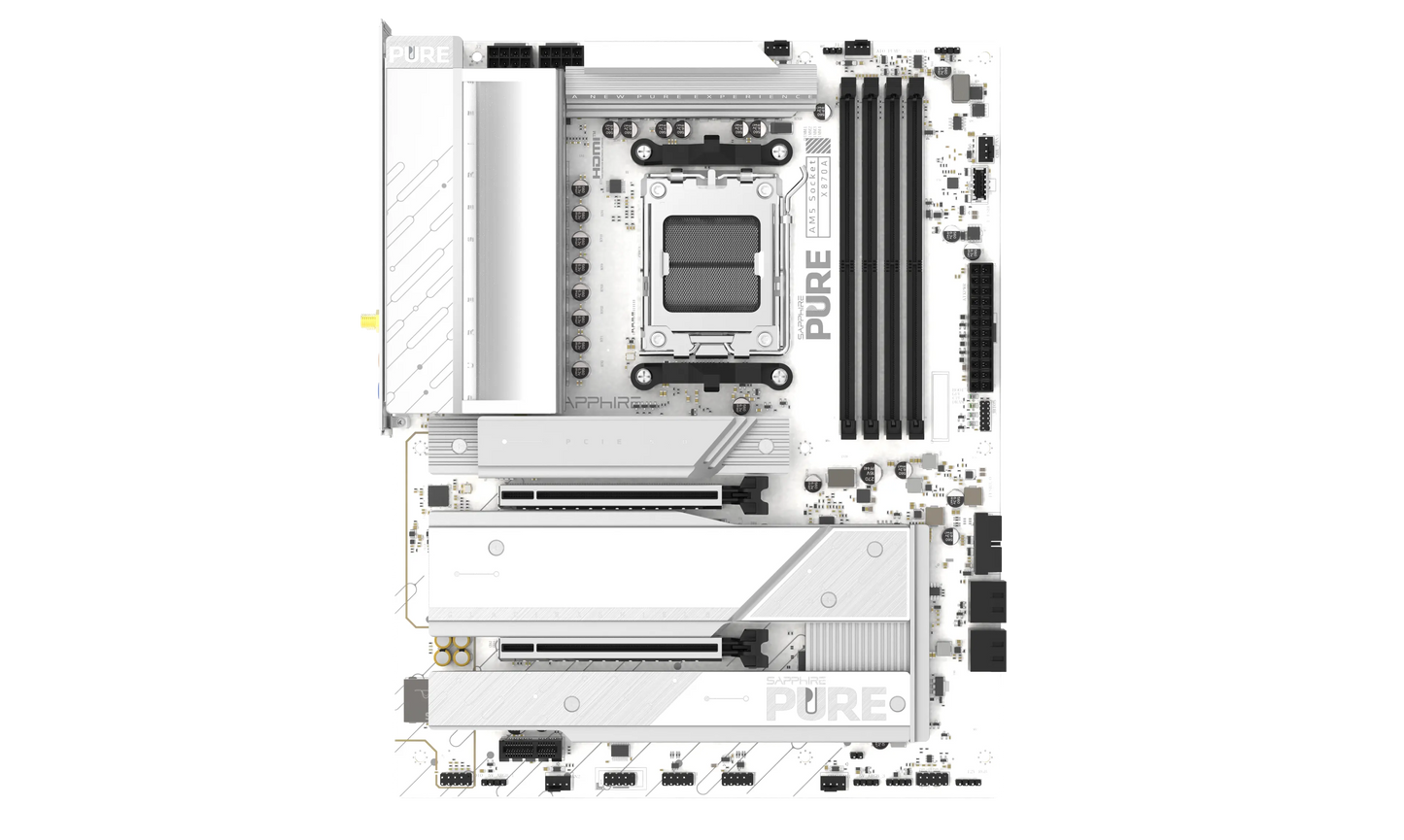 Front view of SAPPHIRE PURE X870A WIFI 7 AMD AM5 motherboard with PCIe 5.0 expansion slots