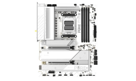 Front view of SAPPHIRE PURE X870A WIFI 7 AMD AM5 motherboard with PCIe 5.0 expansion slots