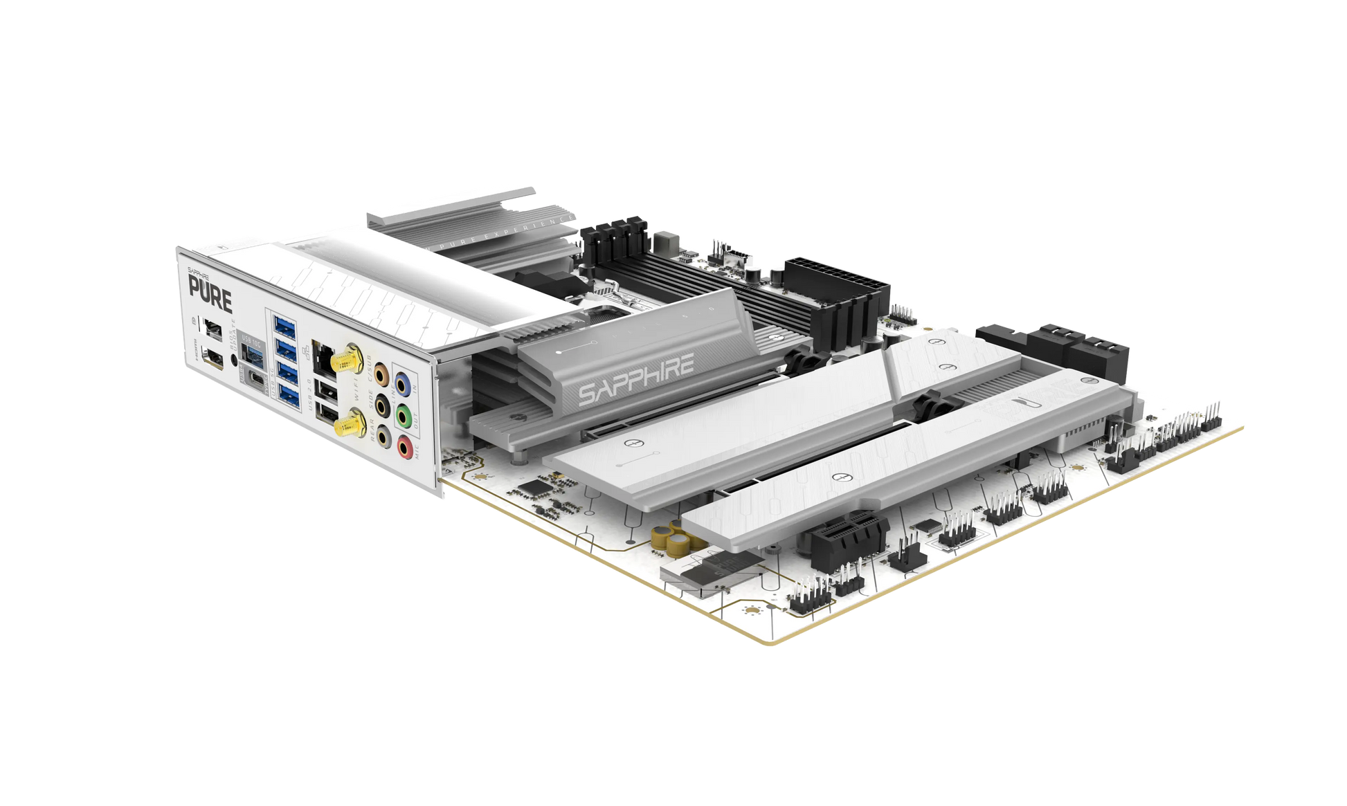 SAPPHIRE PURE X870A WIFI 7 motherboard highlighting storage and connectivity features