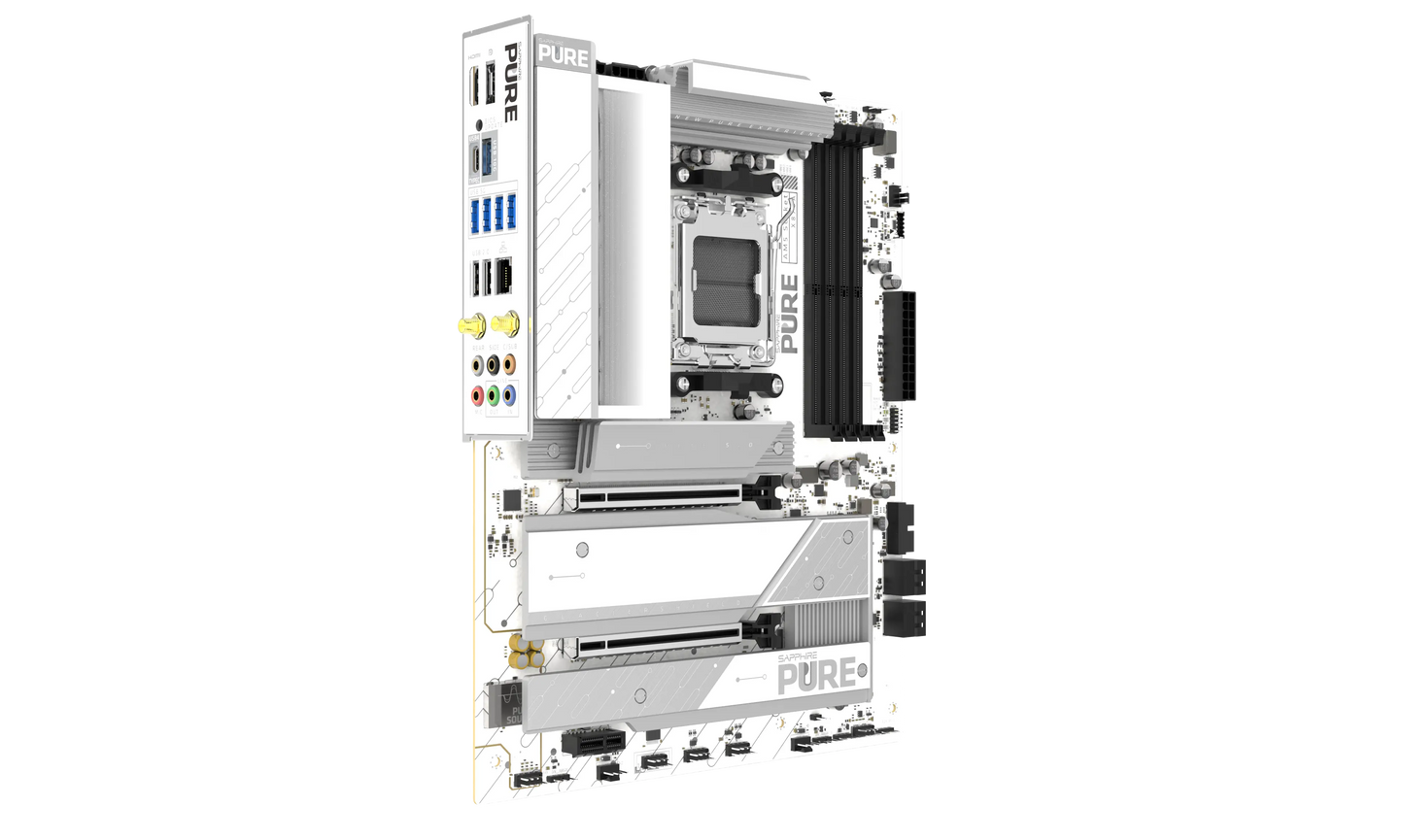 SAPPHIRE PURE X870A WIFI 7 motherboard showing rear I/O connectivity and heatsink design