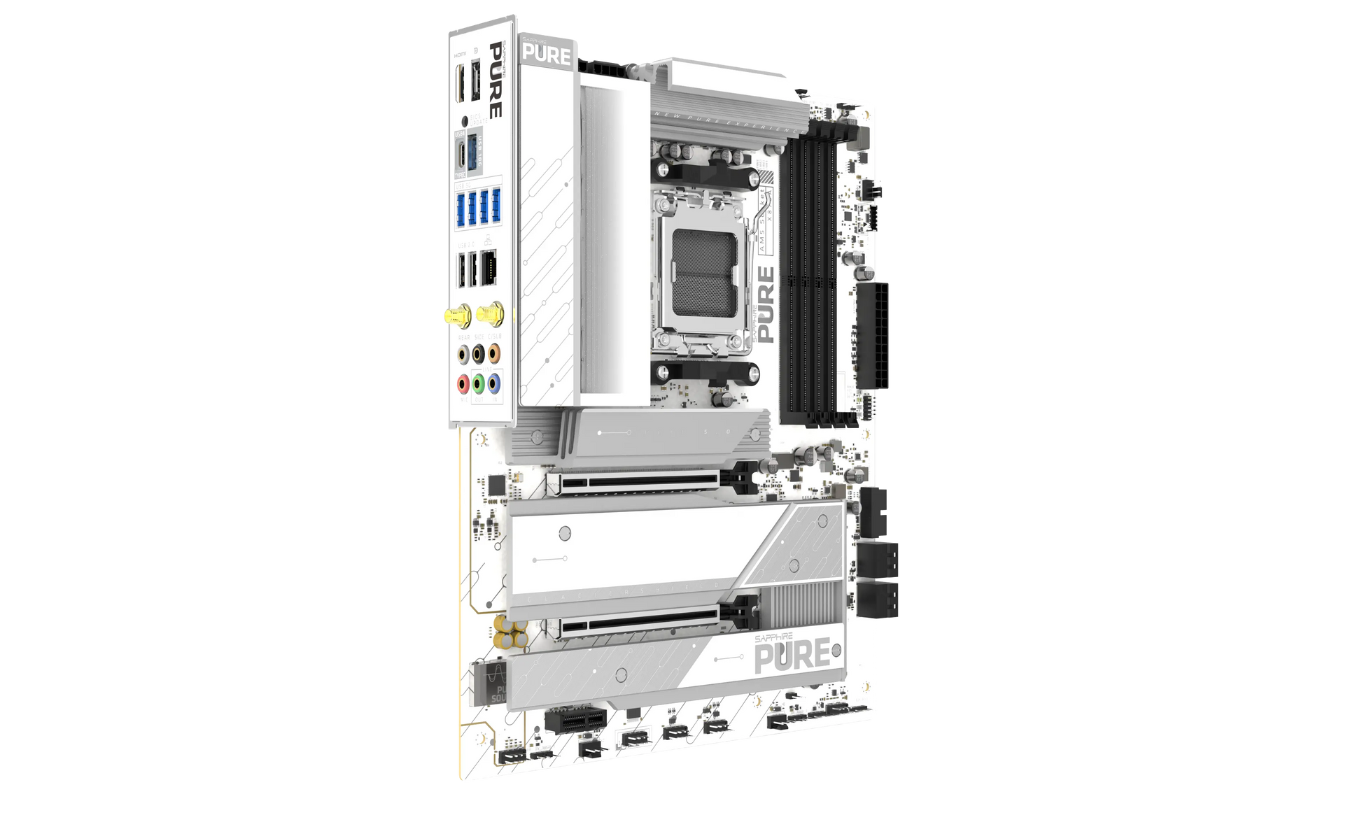SAPPHIRE PURE X870A WIFI 7 motherboard showing rear I/O connectivity and heatsink design