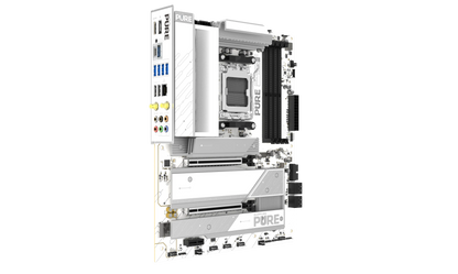 SAPPHIRE PURE X870A WIFI 7 motherboard showing rear I/O connectivity and heatsink design