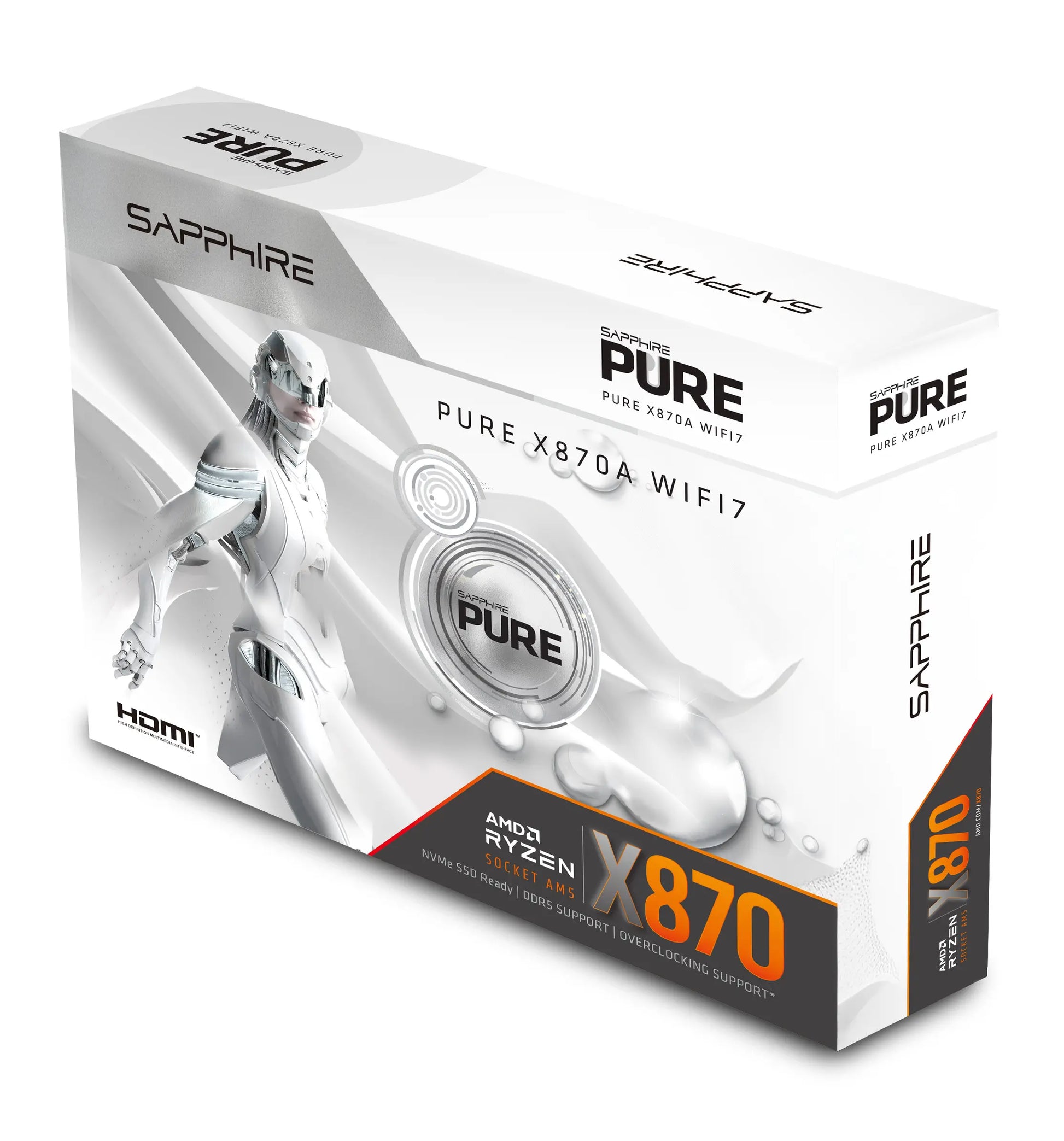 Retail packaging of SAPPHIRE PURE X870A WIFI 7 AMD X870 motherboard