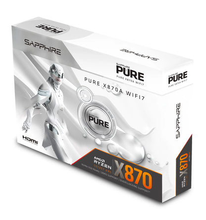 Retail packaging of SAPPHIRE PURE X870A WIFI 7 AMD X870 motherboard