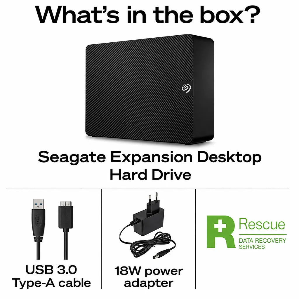 Seagate Expansion Desktop 26TB External Hard Drive STKP26000400 package contents including USB 3.0 cable, 18W power adapter and Rescue Services -tpstech.in