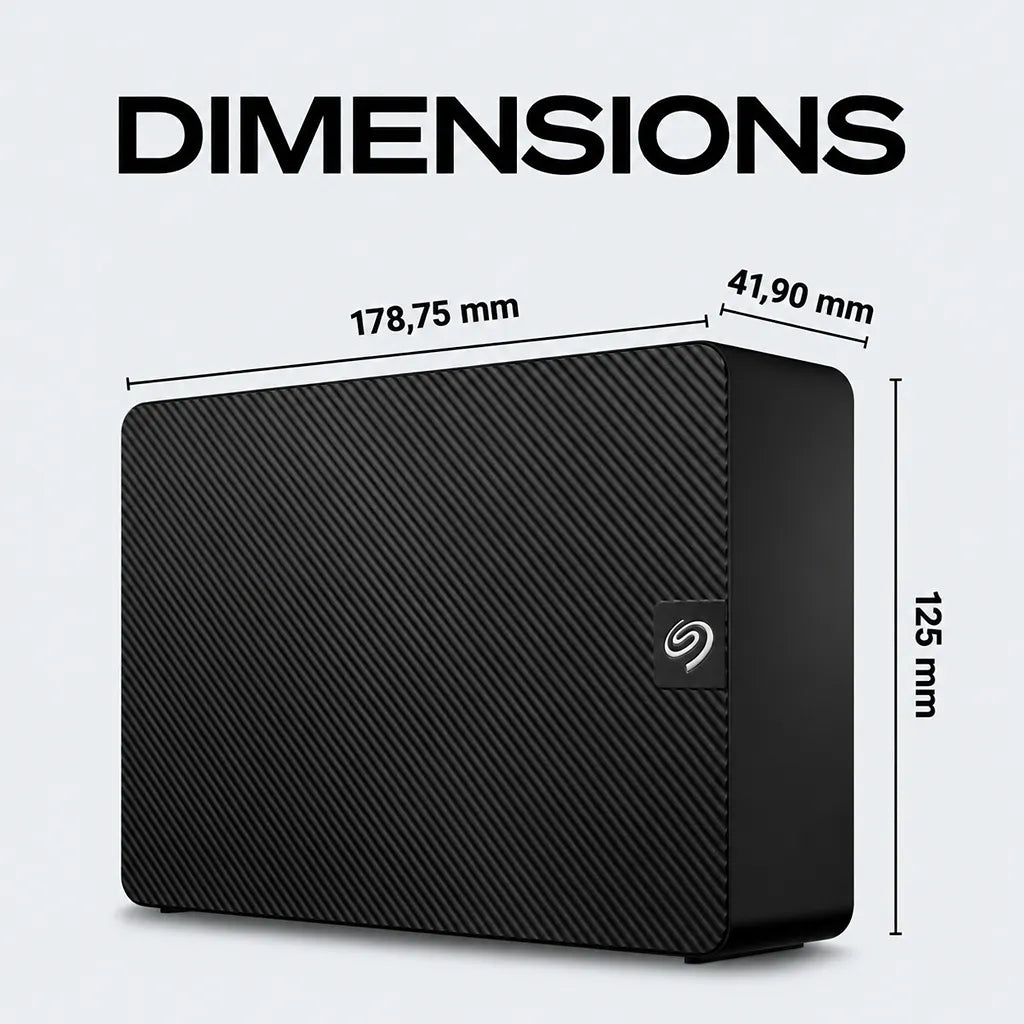 Seagate Expansion Desktop 26TB External Hard Drive STKP26000400 showing product dimensions and compact 3.5-inch desktop design -tpstech.in