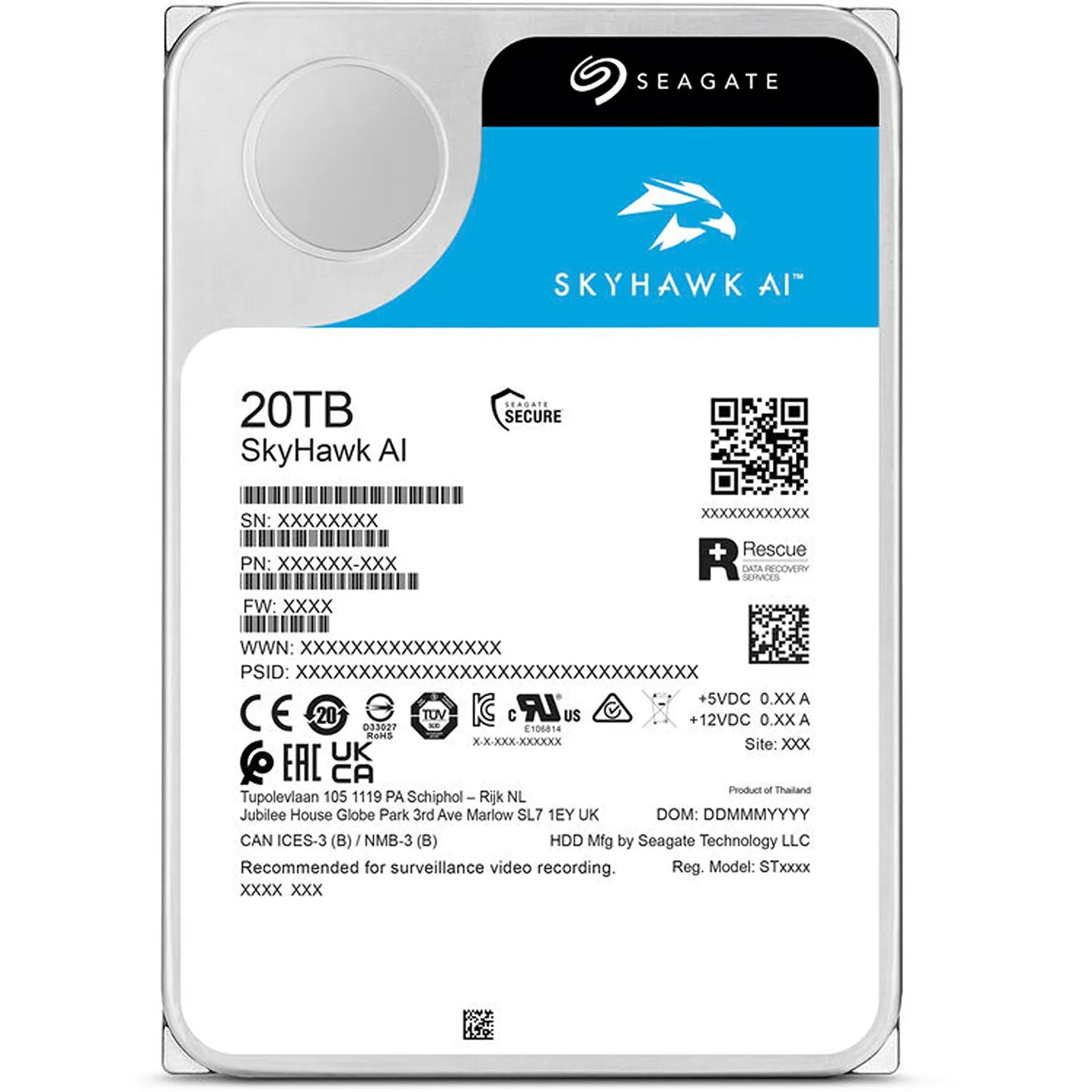 Back label view of Seagate SkyHawk AI 20TB surveillance HDD showing serial number and specifications -tpstech.in