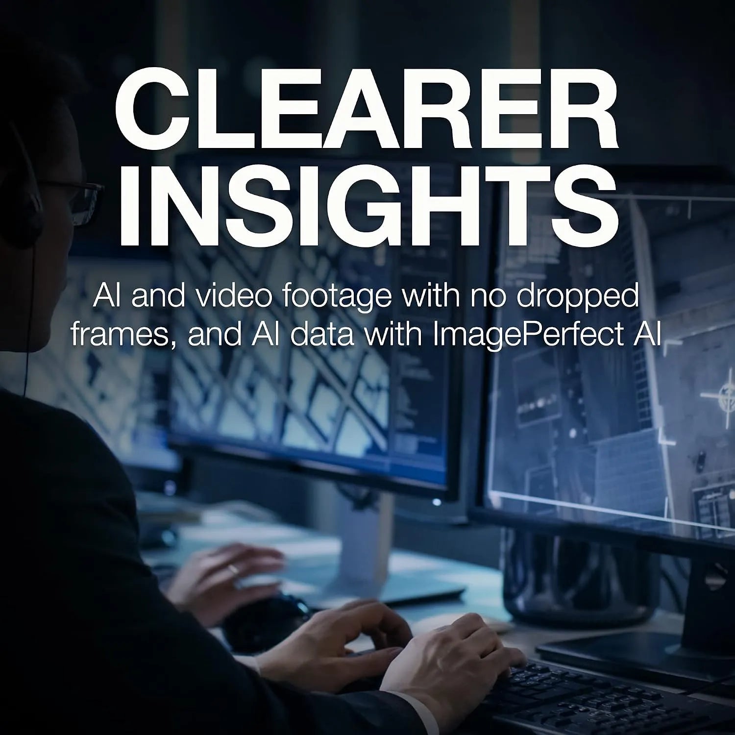 Security professional analyzing AI video surveillance footage with ImagePerfect AI on multiple screens -tpstech.in
